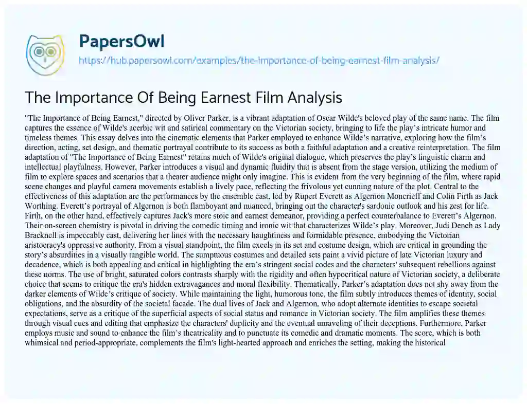 Essay on The Importance Of Being Earnest Film Analysis