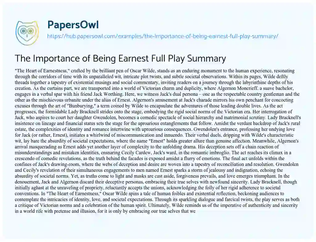 Essay on The Importance of Being Earnest Full Play Summary