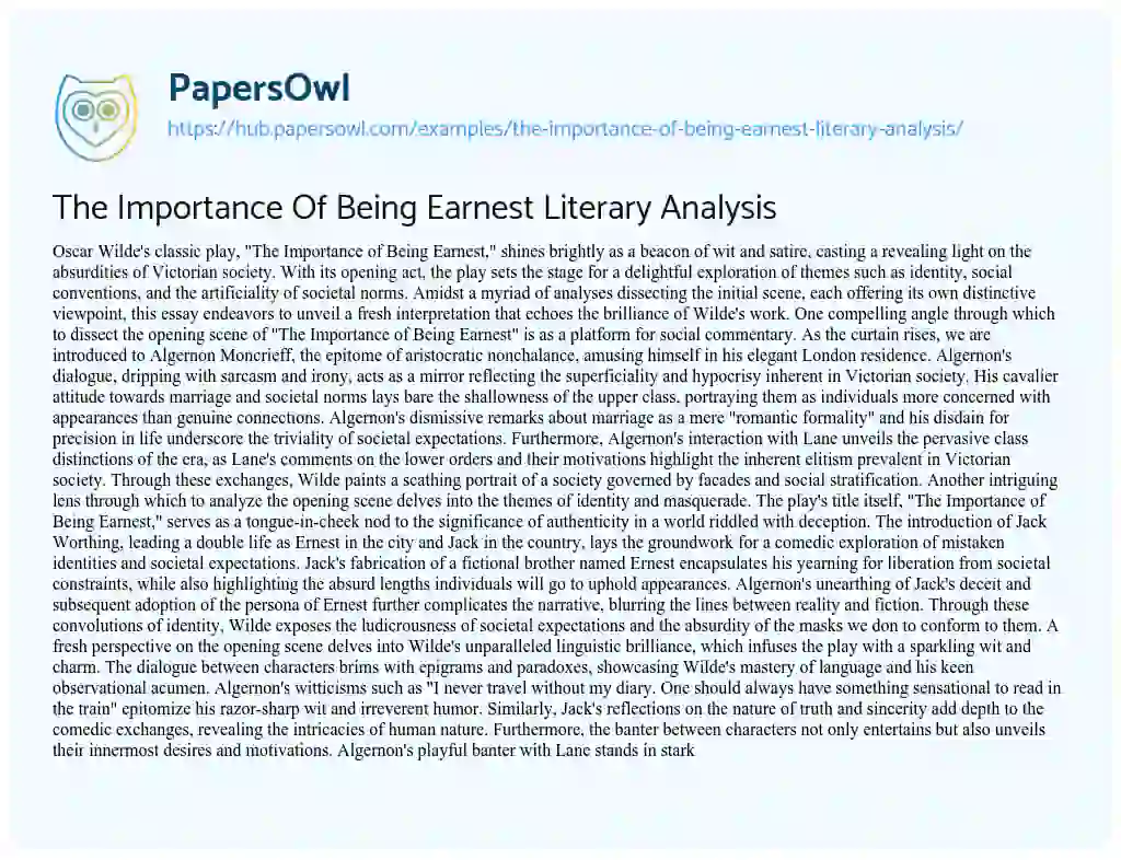 Essay on The Importance Of Being Earnest Literary Analysis