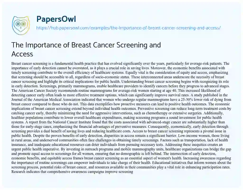 Essay on The Importance of Breast Cancer Screening and Access
