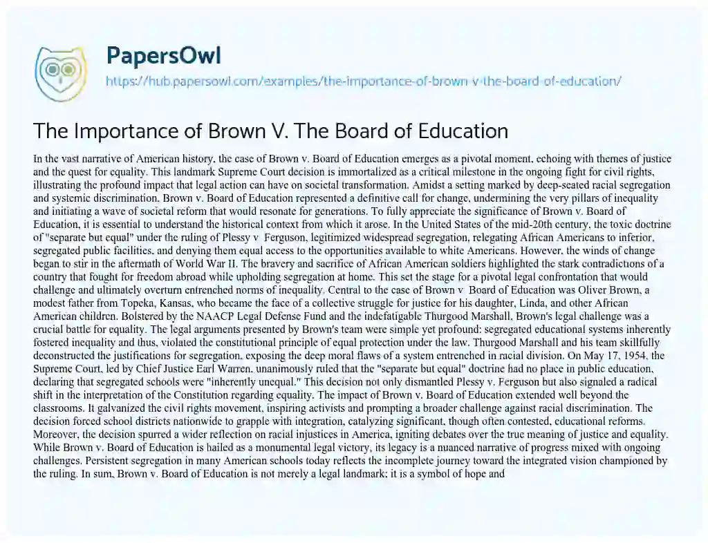 Essay on The Importance of Brown V. The Board of Education
