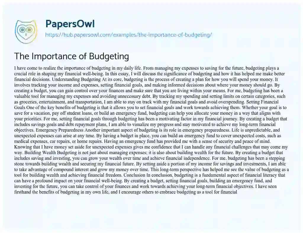 Essay on The Importance of Budgeting