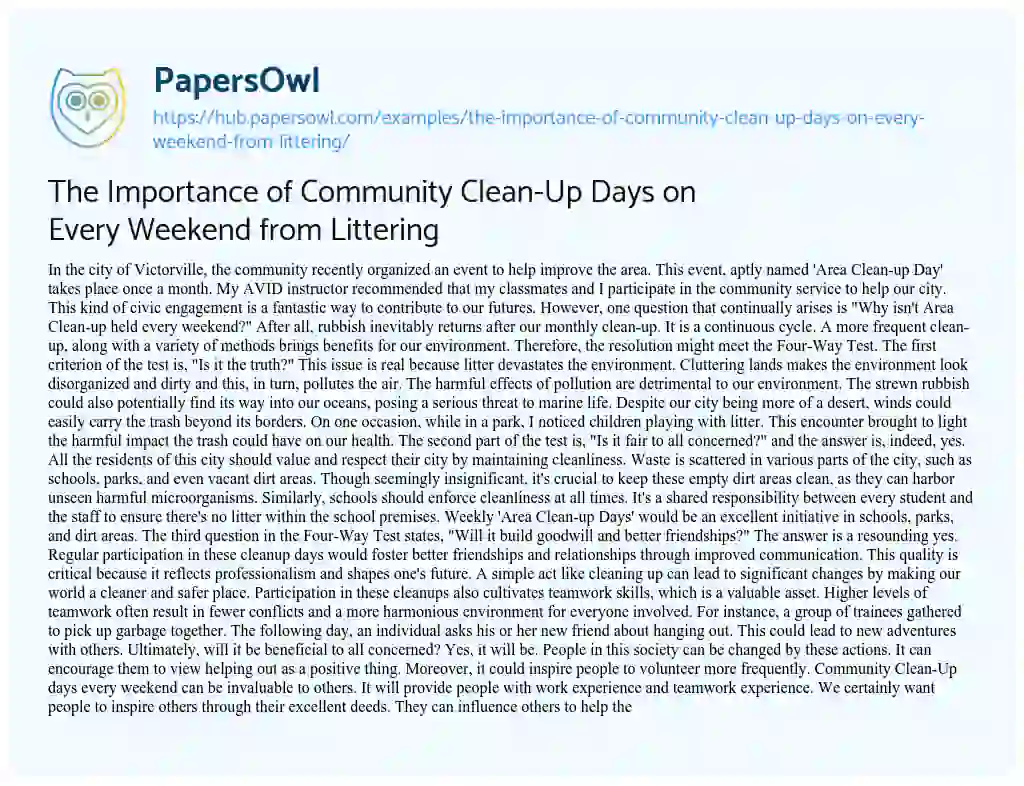 Essay on The Importance of Community Clean-Up Days on Every Weekend from Littering