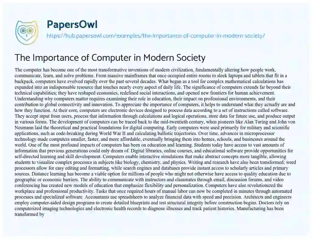 Essay on The Importance of Computer in Modern Society