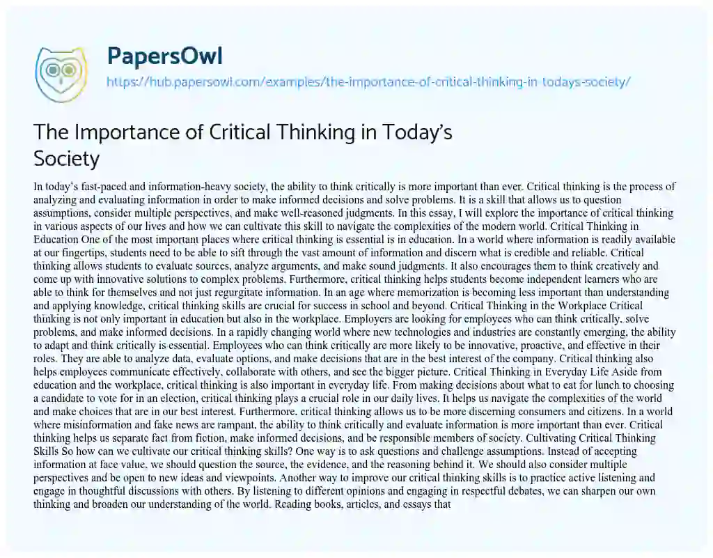 Essay on The Importance of Critical Thinking in Today’s Society