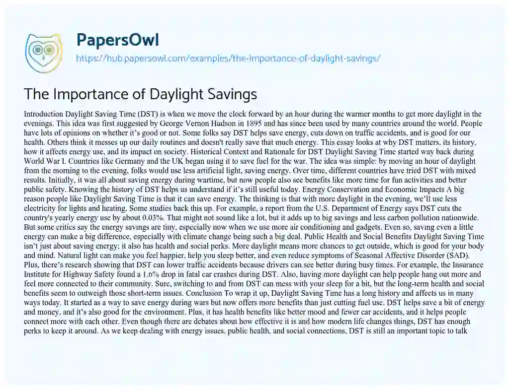 Essay on The Importance of Daylight Savings