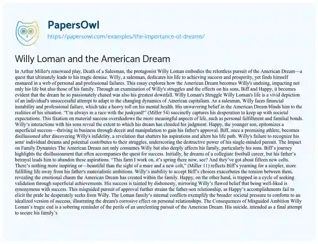 Essay on Willy Loman and the American Dream