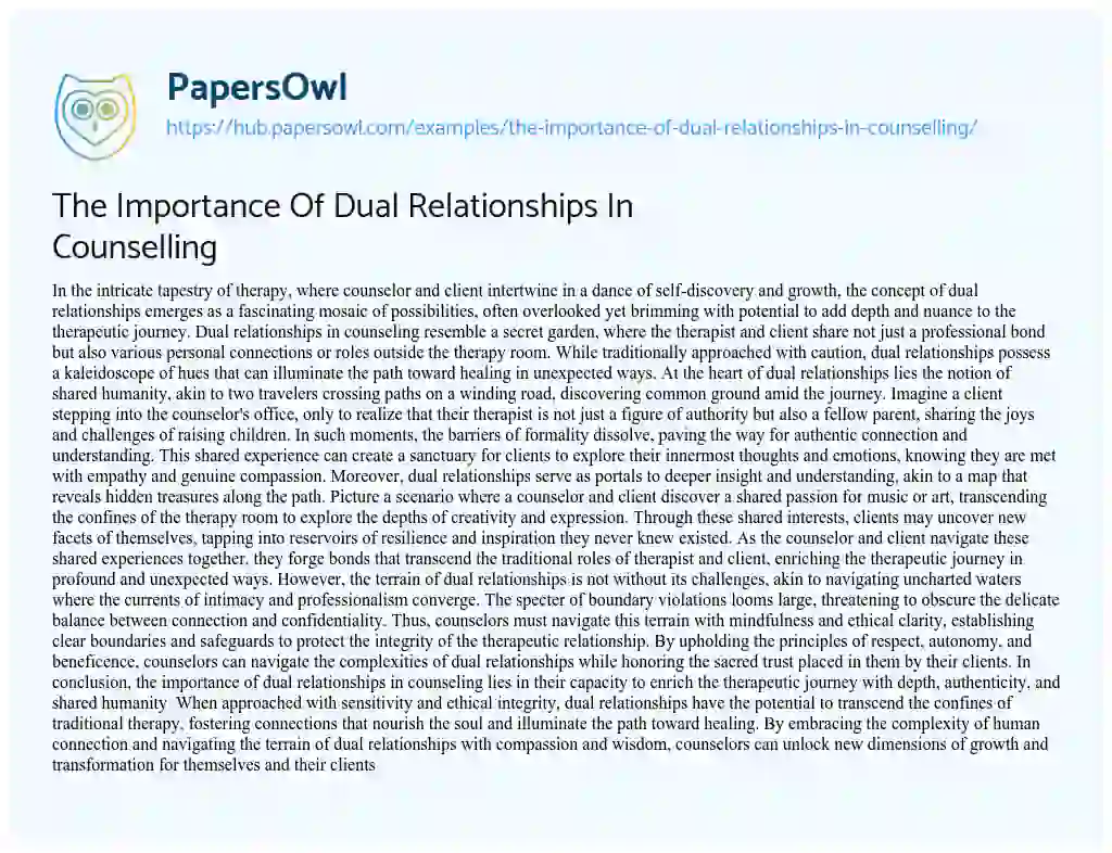 Essay on The Importance Of Dual Relationships In Counselling