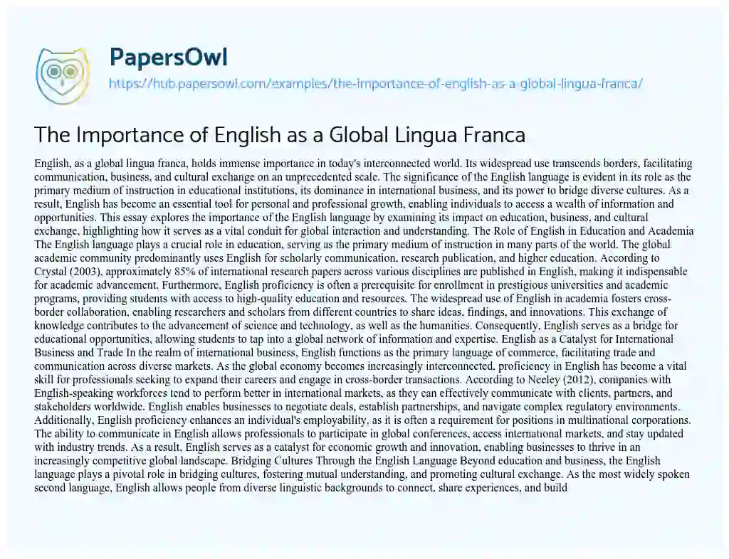 Essay on The Importance of English as a Global Lingua Franca