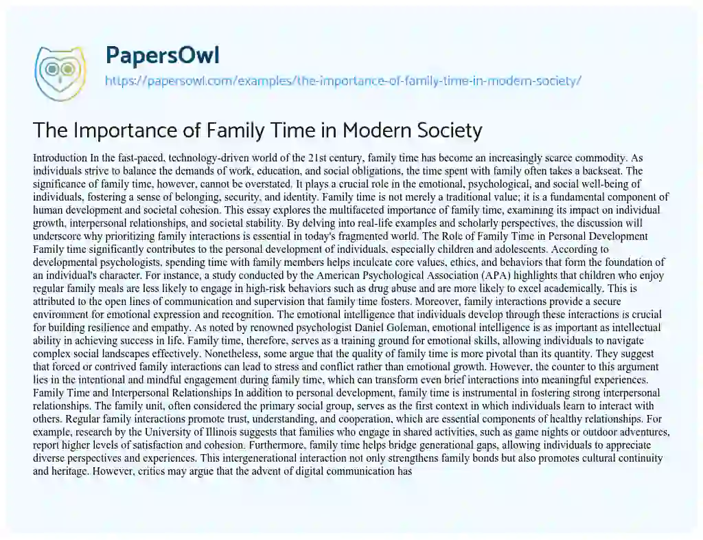 Essay on The Importance of Family Time in Modern Society