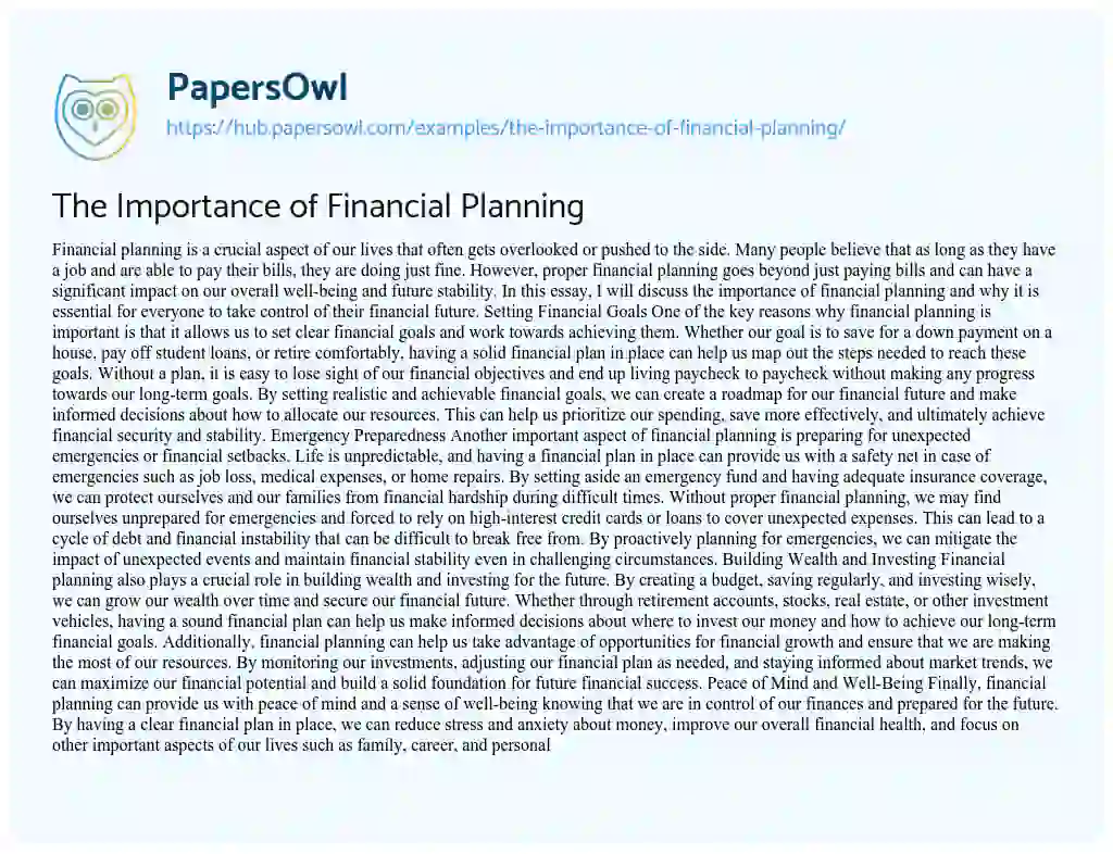 Essay on The Importance of Financial Planning