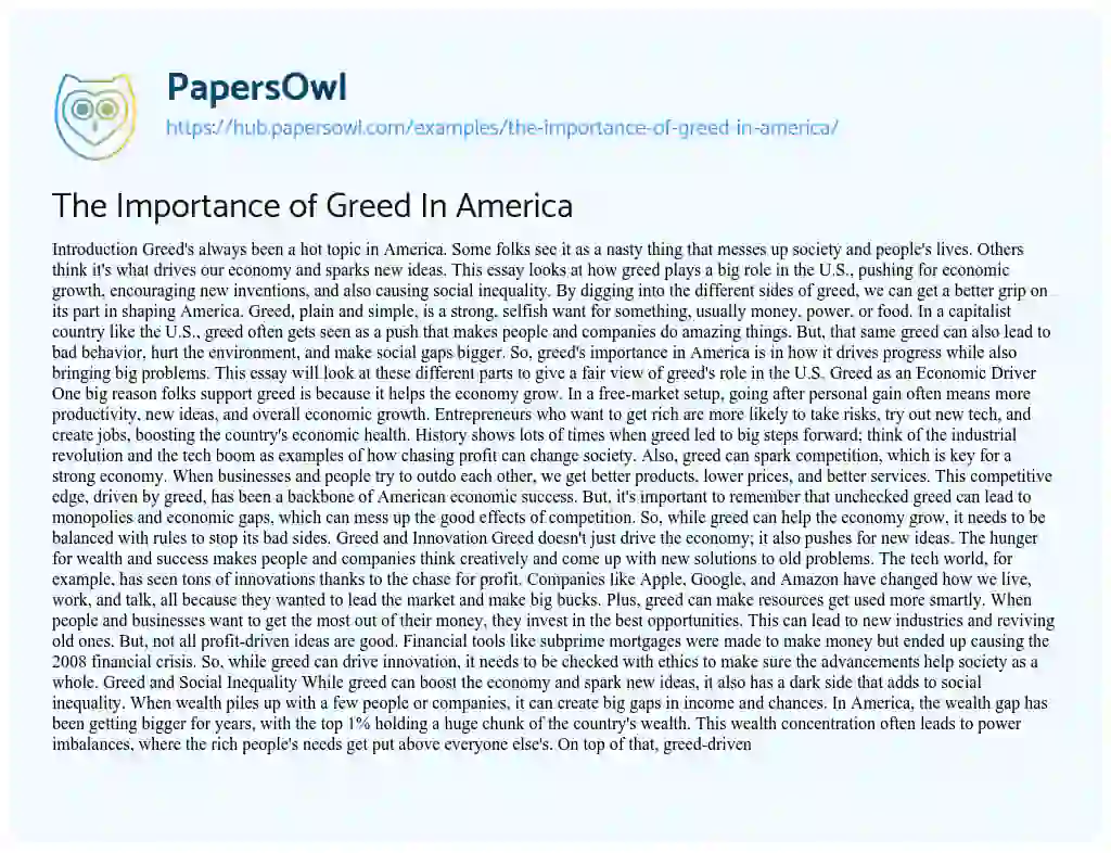 Essay on The Importance of Greed In America