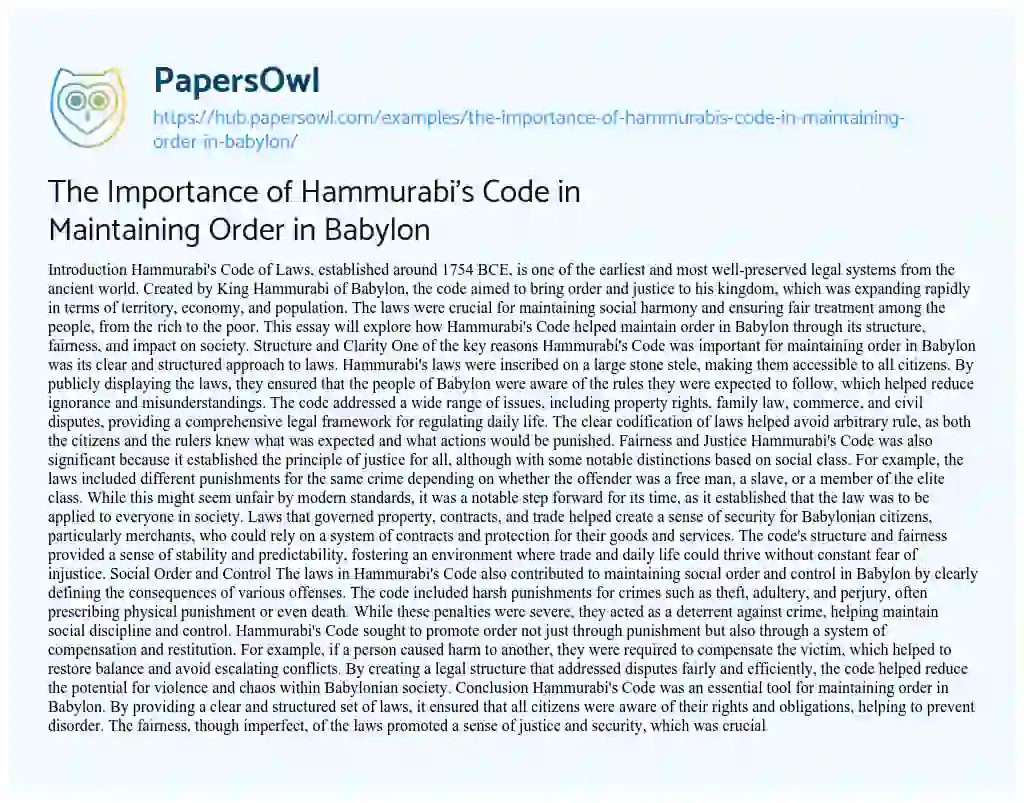 Essay on The Importance of Hammurabi’s Code in Maintaining Order in Babylon