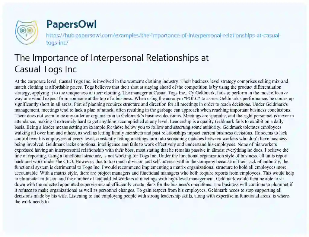 Essay on The Importance of Interpersonal Relationships at Casual Togs Inc