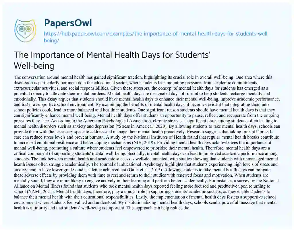 Essay on The Importance of Mental Health Days for Students’ Well-being