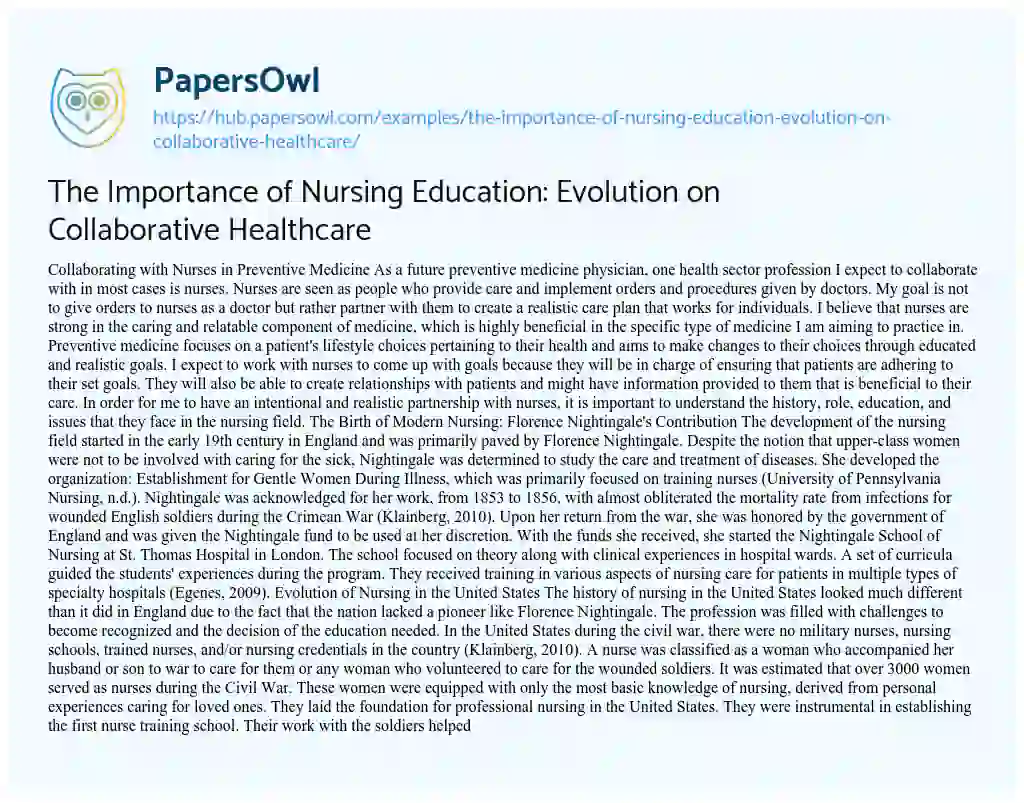 Essay on The Importance of Nursing Education: Evolution on Collaborative Healthcare