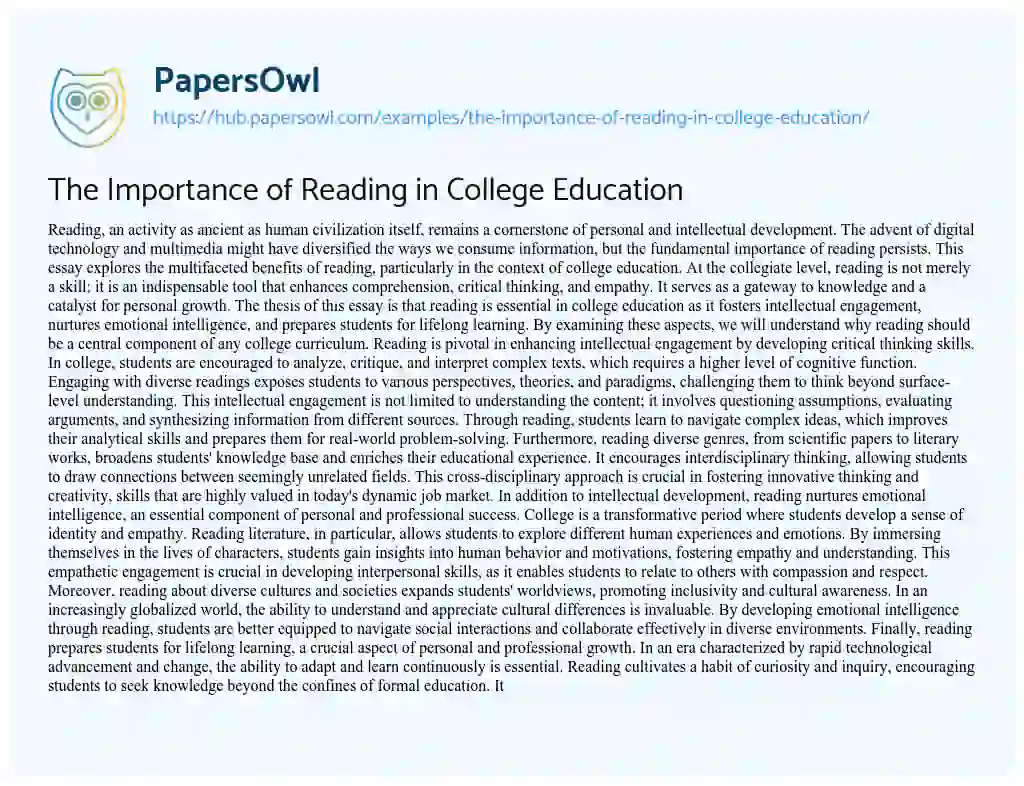 Essay on The Importance of Reading in College Education