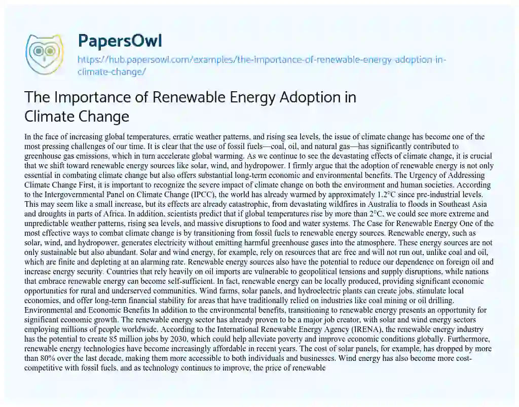 Essay on The Importance of Renewable Energy Adoption in Climate Change