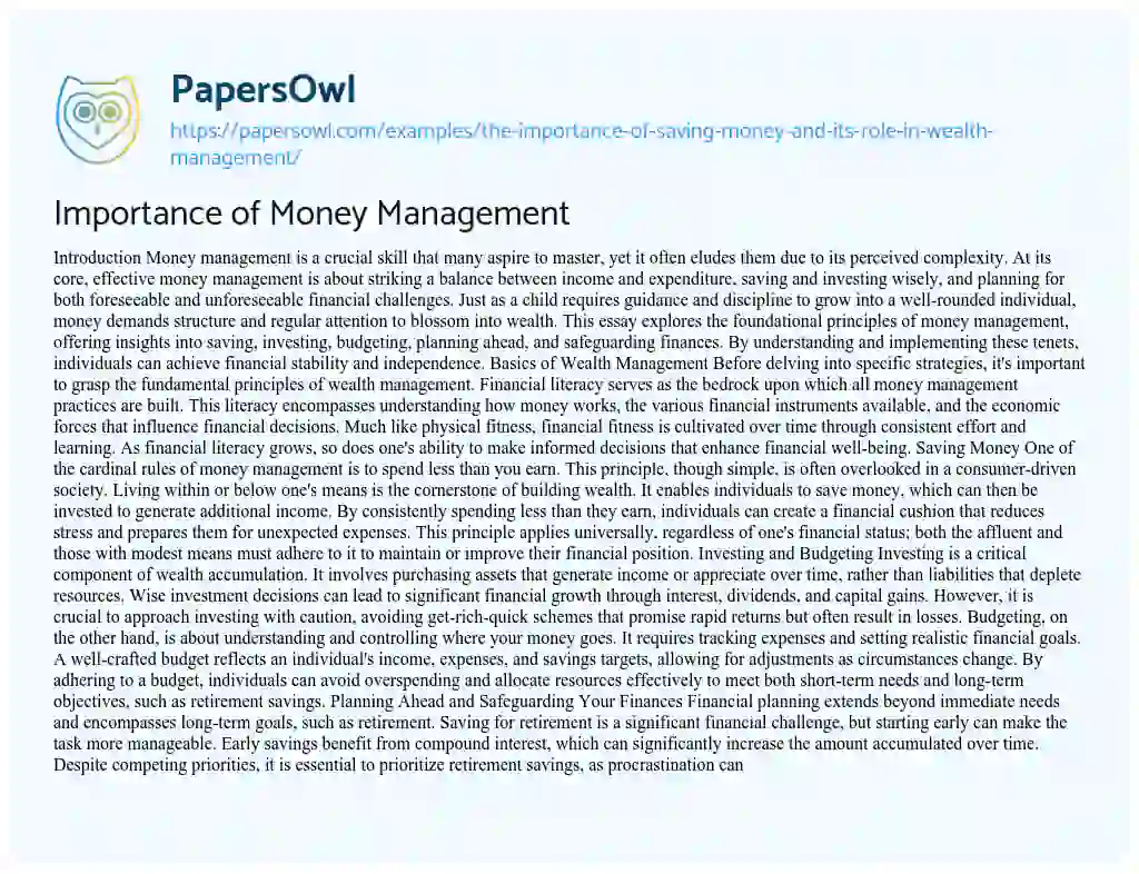 Essay on Importance of Money Management