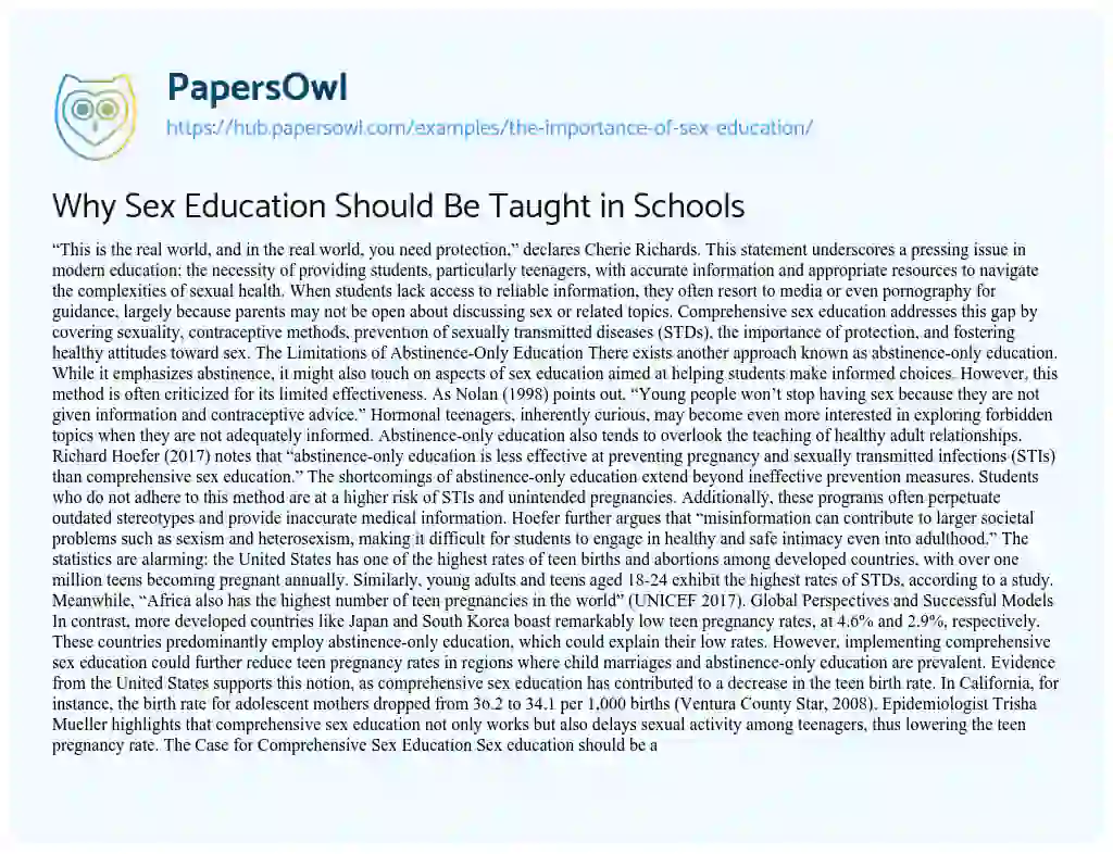 Essay on Why Sex Education Should Be Taught in Schools