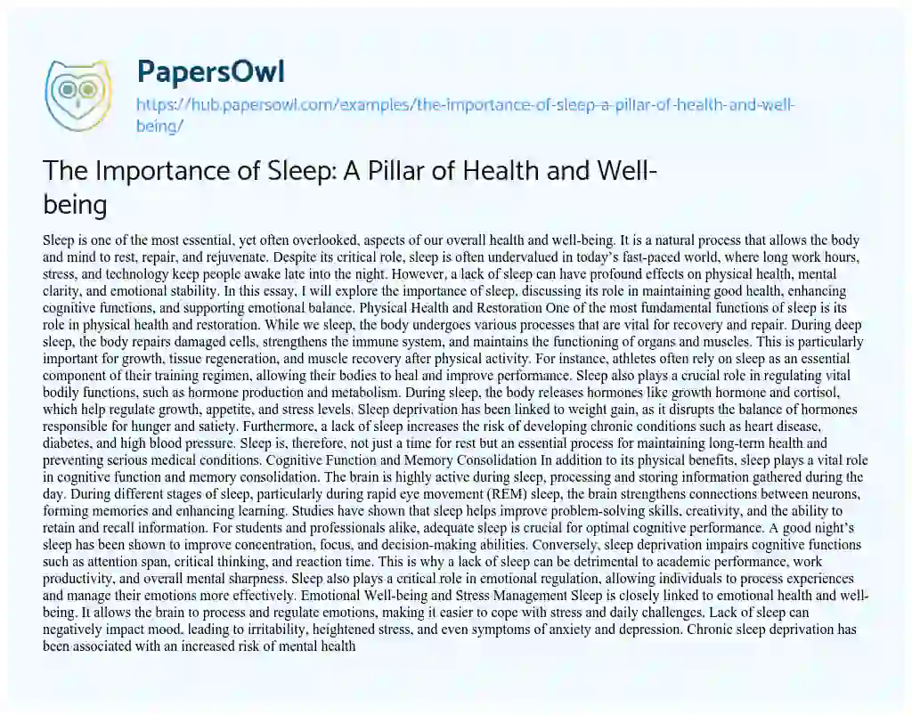 Essay on The Importance of Sleep: A Pillar of Health and Well-being