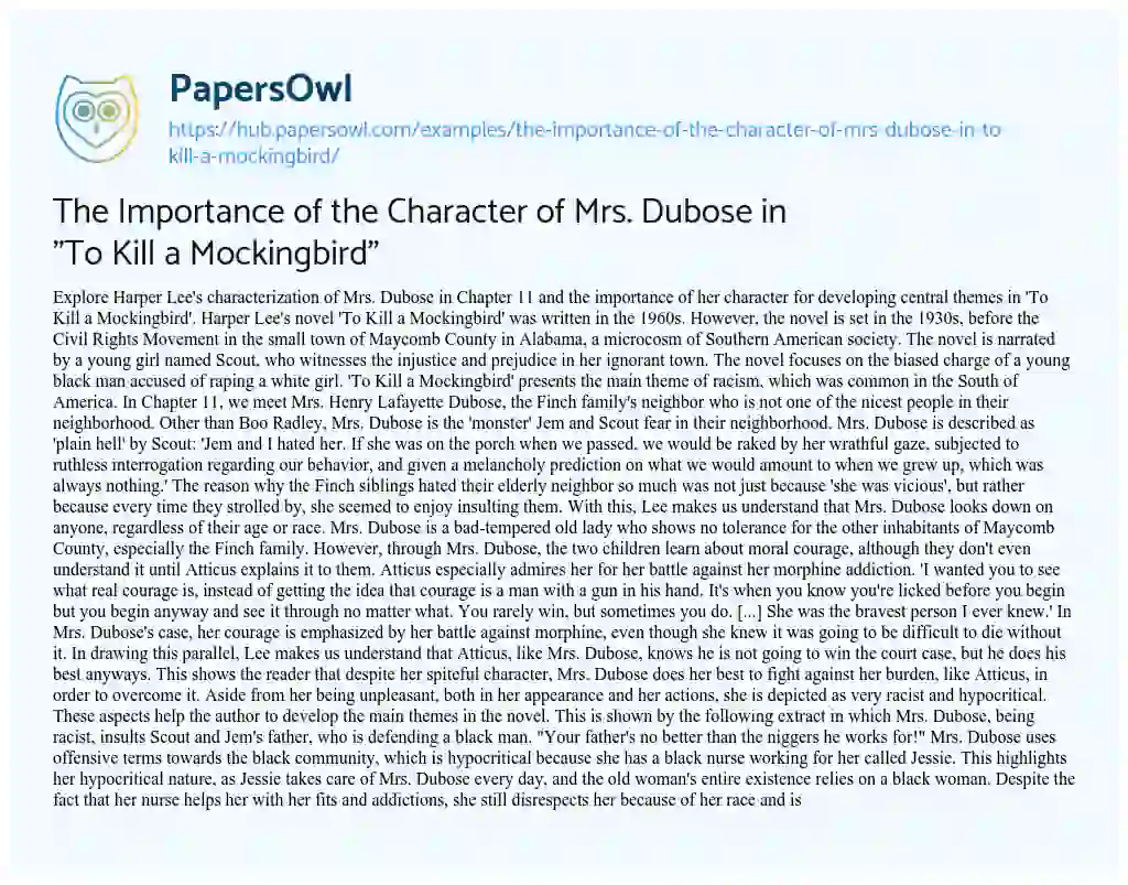 Essay on The Importance of the Character of Mrs. Dubose in “To Kill a Mockingbird”
