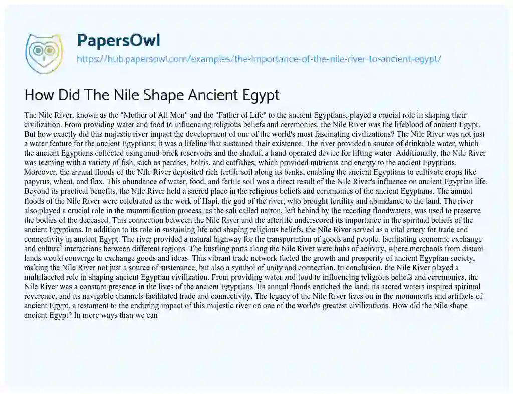 Essay on How Did The Nile Shape Ancient Egypt
