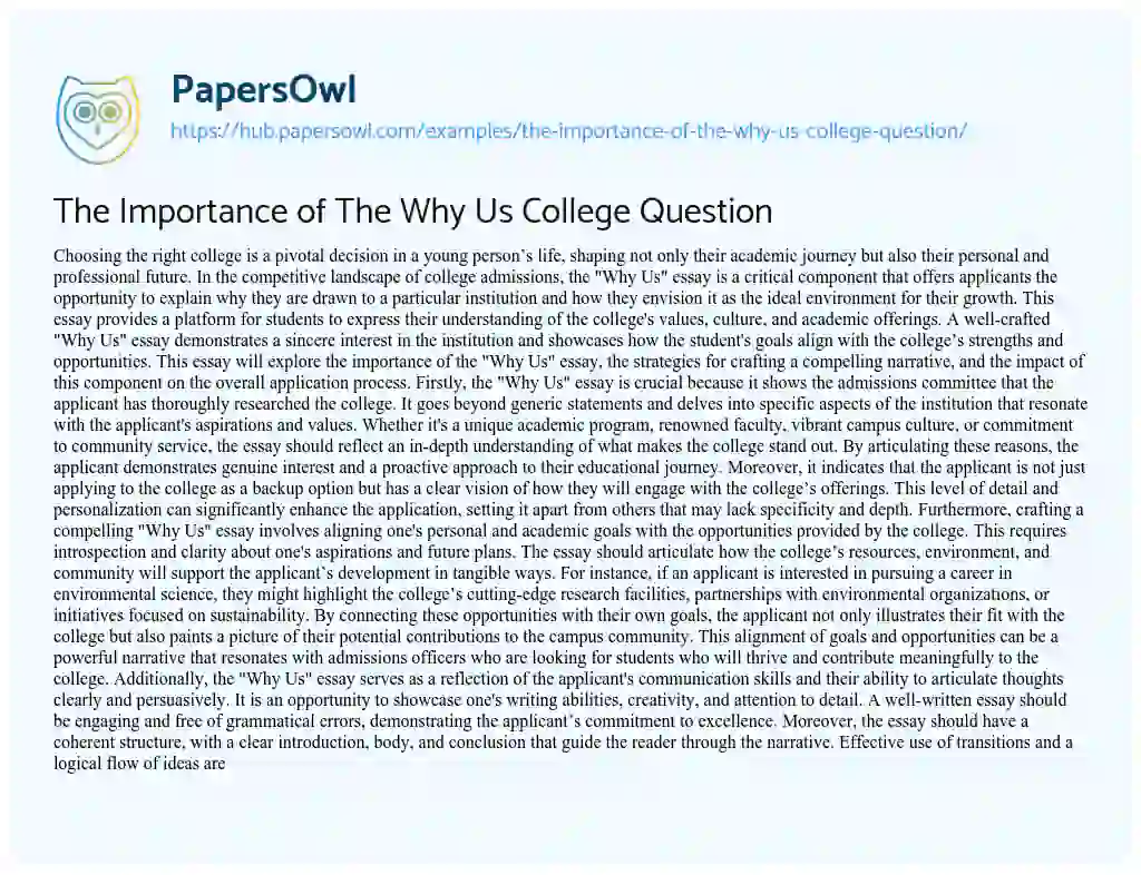 Essay on The Importance of The Why Us College Question