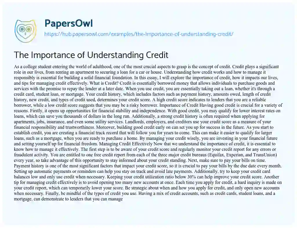 Essay on The Importance of Understanding Credit