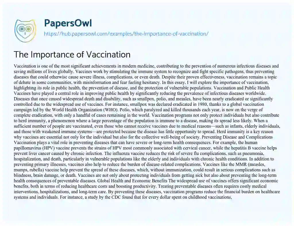 Essay on The Importance of Vaccination