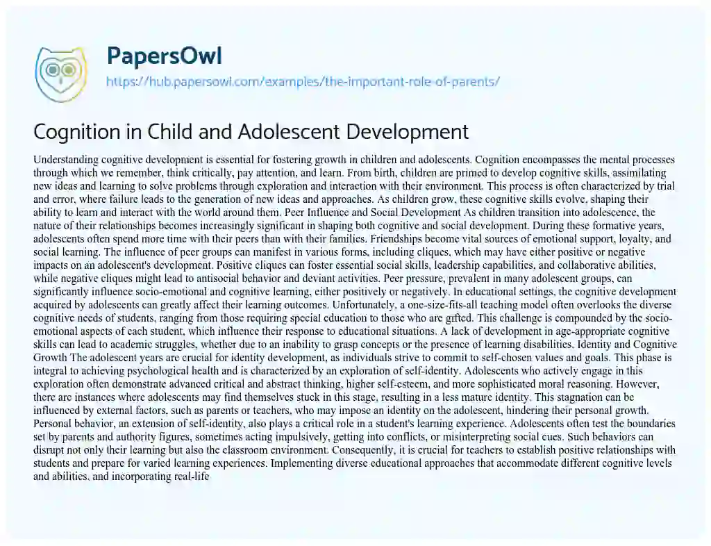 Essay on Cognition in Child and Adolescent Development