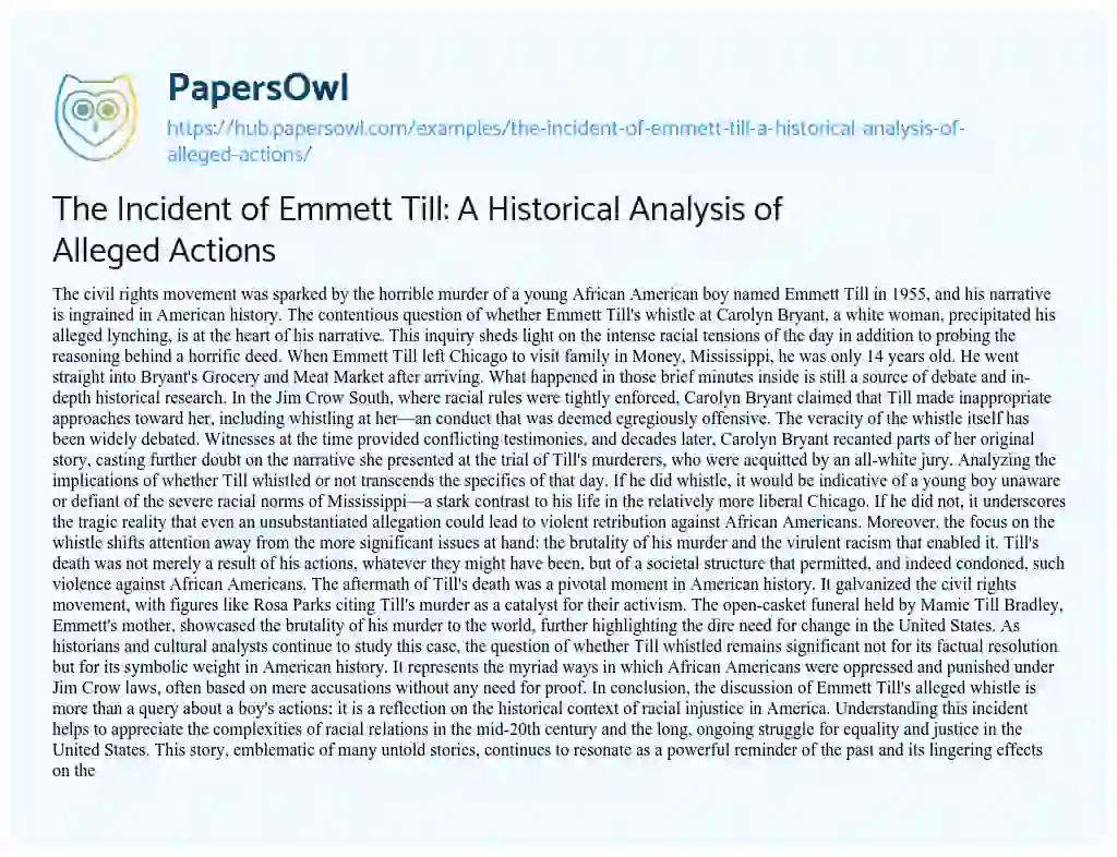 Essay on The Incident of Emmett Till: A Historical Analysis of Alleged Actions