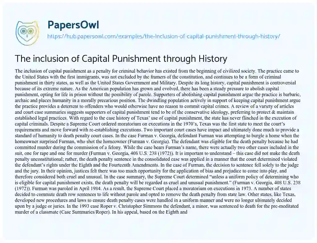 Essay on The inclusion of Capital Punishment through History
