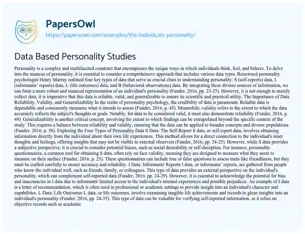 Essay on Data Based Personality Studies
