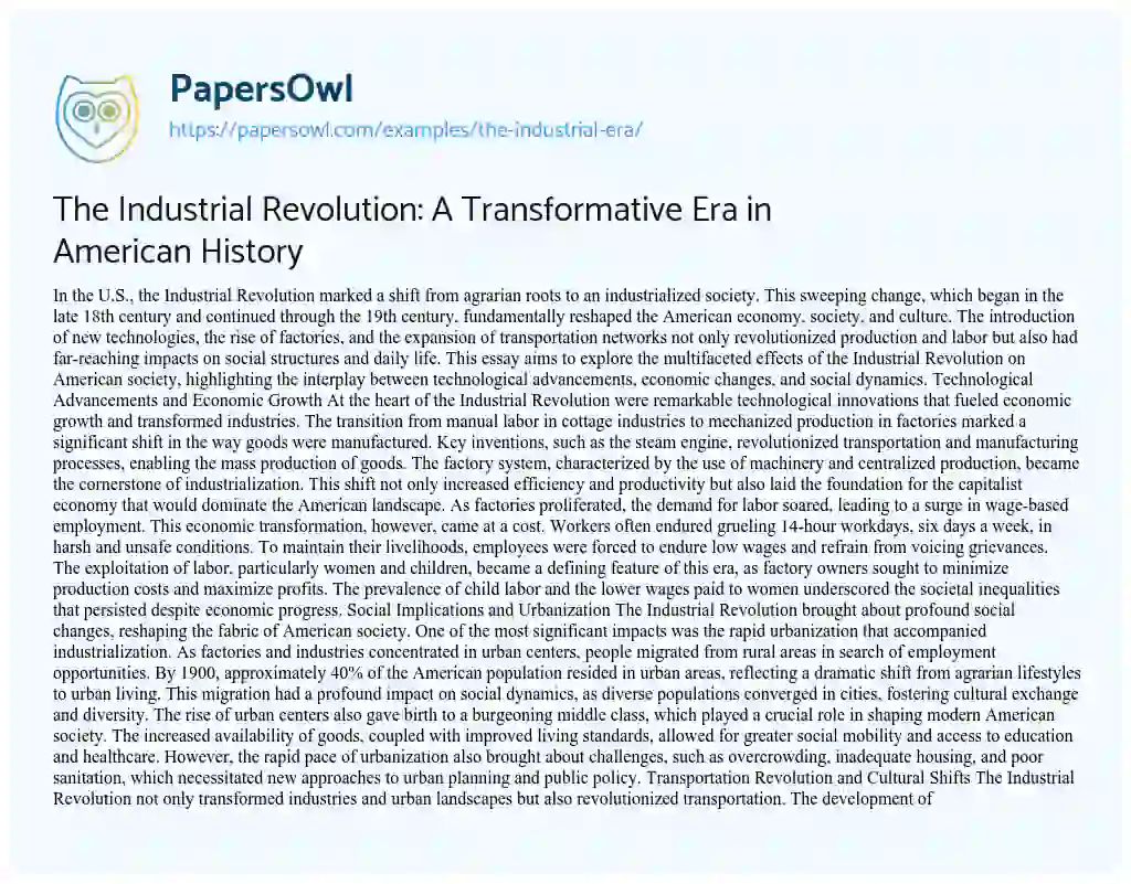 Essay on The Industrial Revolution: A Transformative Era in American History