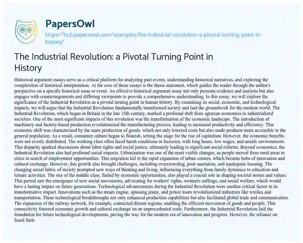 Essay on The Industrial Revolution: a Pivotal Turning Point in History