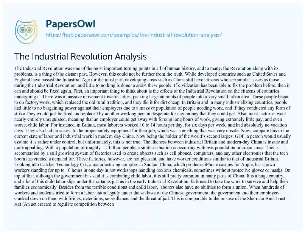 Essay on The Industrial Revolution Analysis