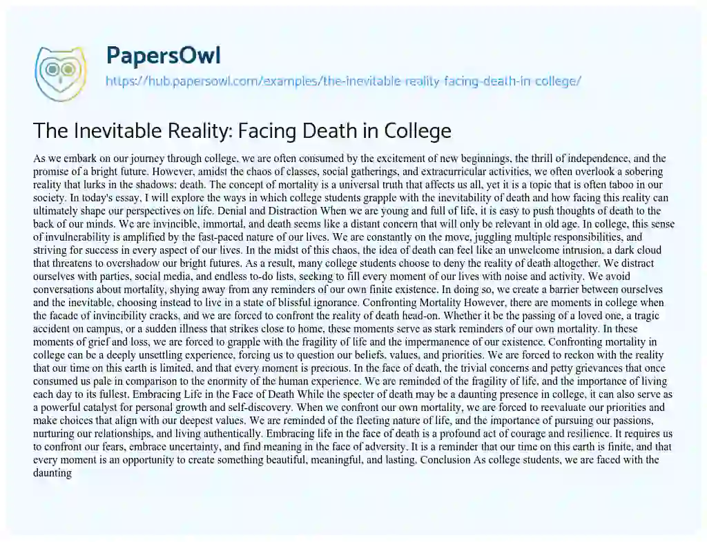 Essay on The Inevitable Reality: Facing Death in College