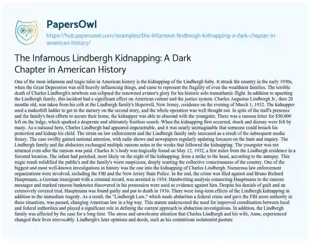 Essay on The Infamous Lindbergh Kidnapping: A Dark Chapter in American History