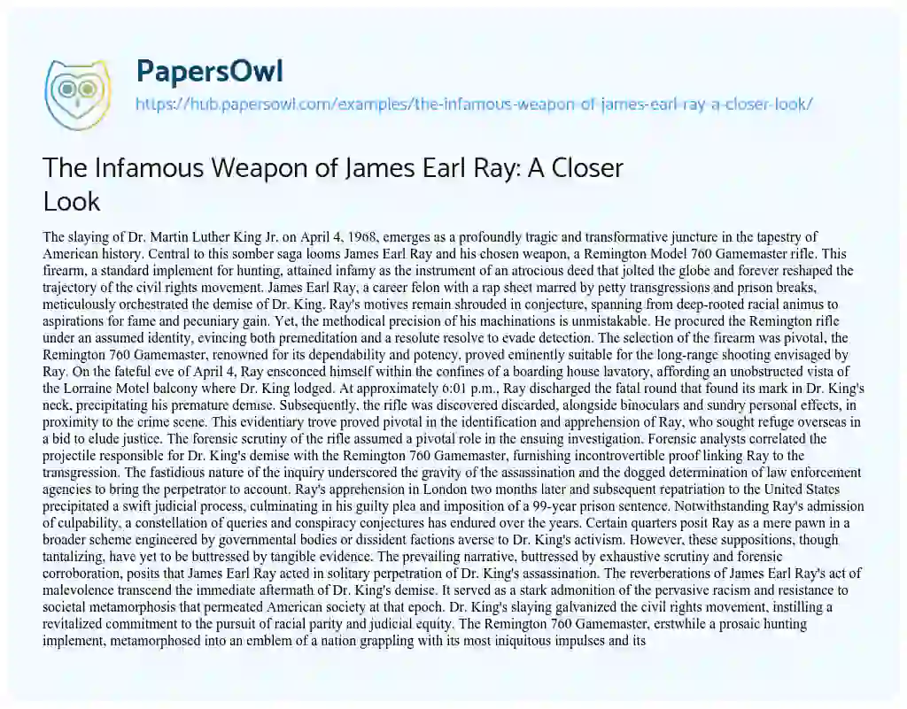 Essay on The Infamous Weapon of James Earl Ray: A Closer Look