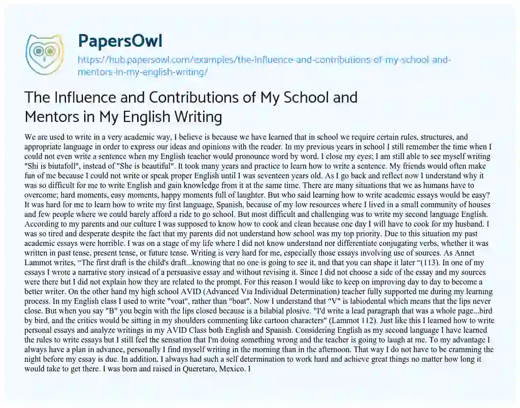 Essay on The Influence and Contributions of My School and Mentors in My English Writing