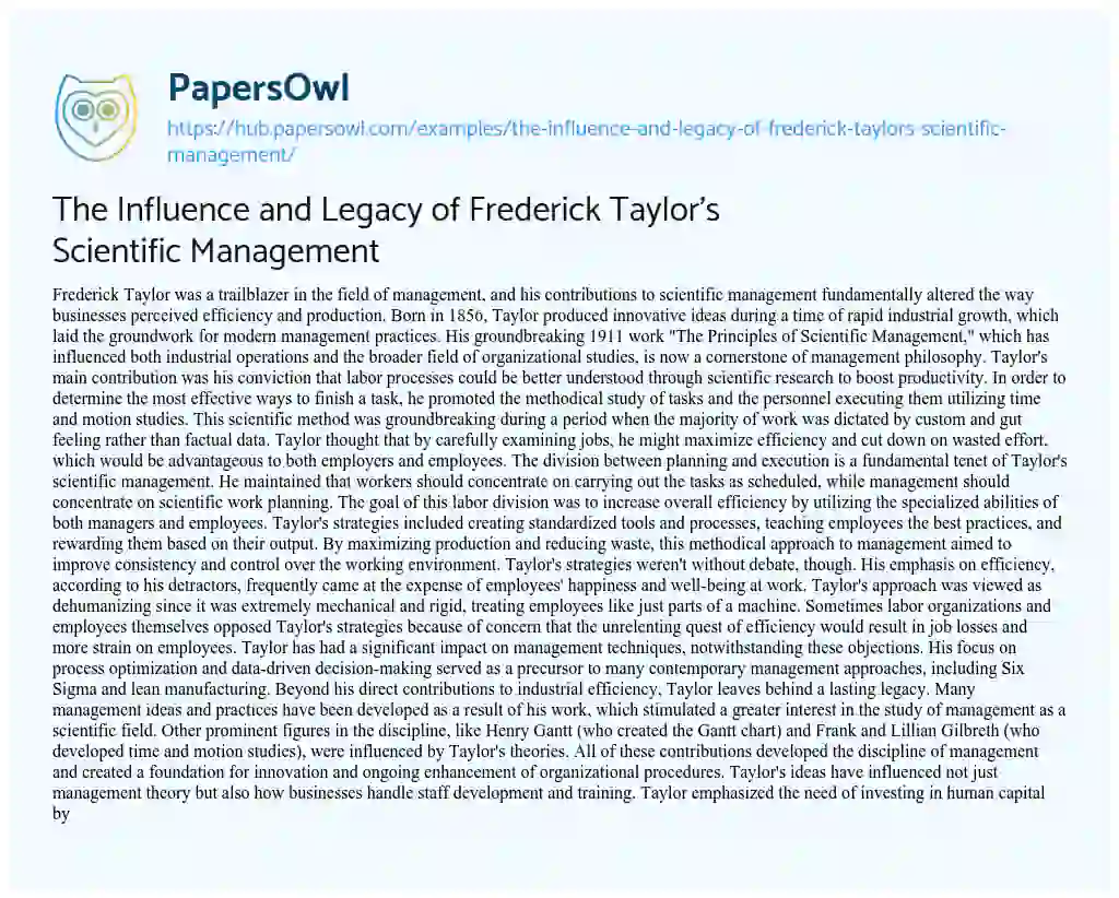 Essay on The Influence and Legacy of Frederick Taylor’s Scientific Management