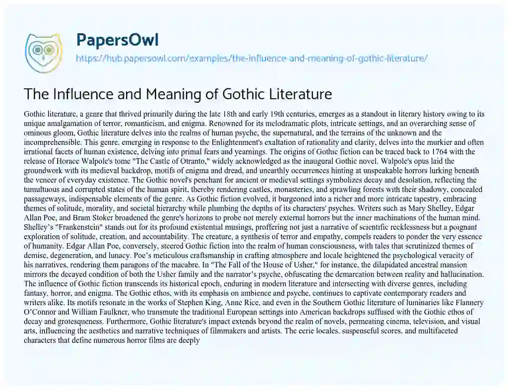 Essay on The Influence and Meaning of Gothic Literature