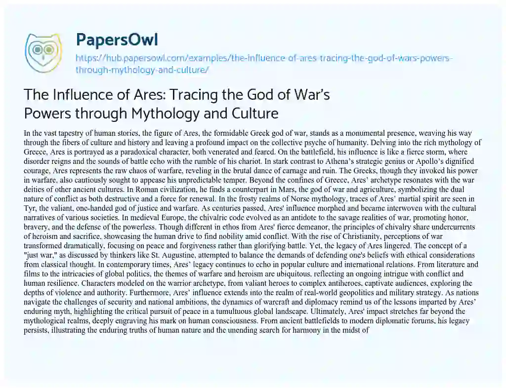 Essay on The Influence of Ares: Tracing the God of War’s Powers through Mythology and Culture