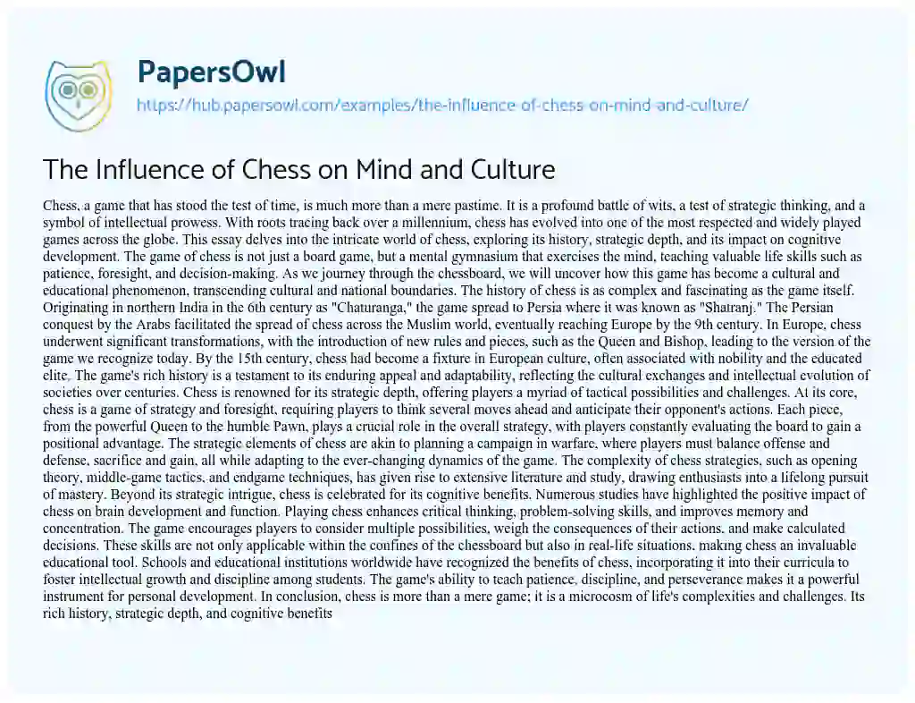 Essay on The Influence of Chess on Mind and Culture