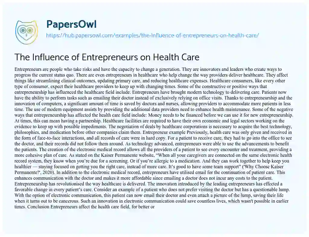 Essay on The Influence of Entrepreneurs on Health Care