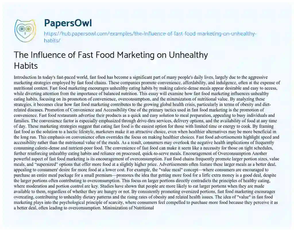 Essay on The Influence of Fast Food Marketing on Unhealthy Habits