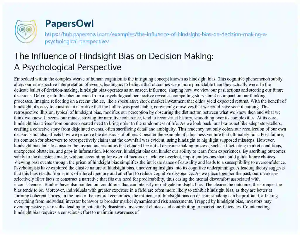 Essay on The Influence of Hindsight Bias on Decision Making: A Psychological Perspective