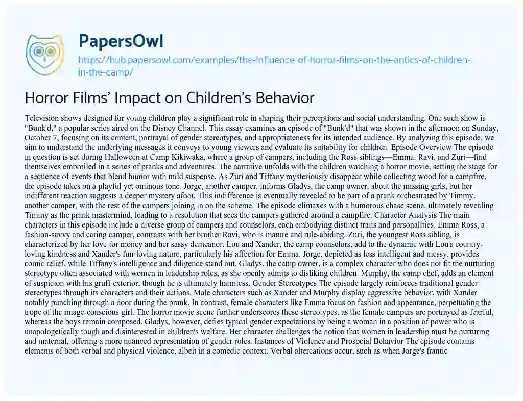 Essay on Horror Films’ Impact on Children’s Behavior