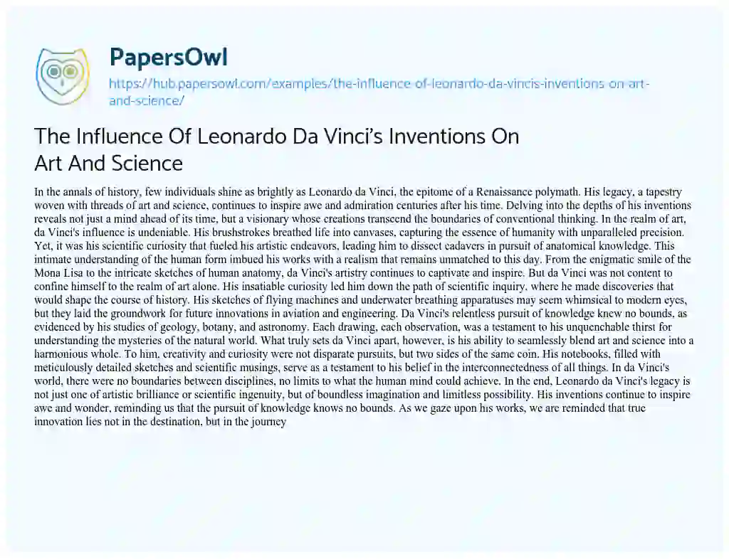 Essay on The Influence Of Leonardo Da Vinci’s Inventions On Art And Science